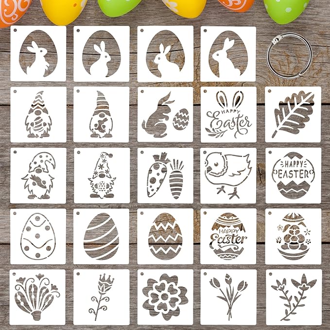 24 Pcs Small Easter Painting Stencils Happy Easter Reusable Plastic Art Craft Stencils 3X3 Inch for Painting On Wood Wall Glass Fabric Rock Canvas with Eggs Bunny Rabbit Pattern