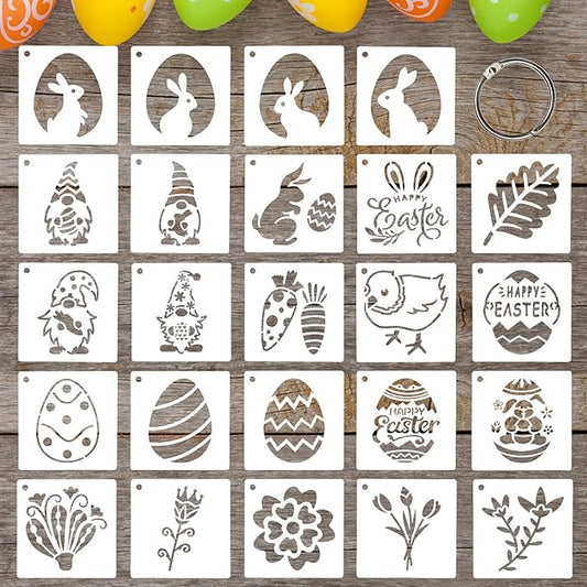 24 Pcs Small Easter Painting Stencils Happy Easter Reusable Plastic Art Craft Stencils 3X3 Inch for Painting On Wood Wall Glass Fabric Rock Canvas with Eggs Bunny Rabbit Pattern