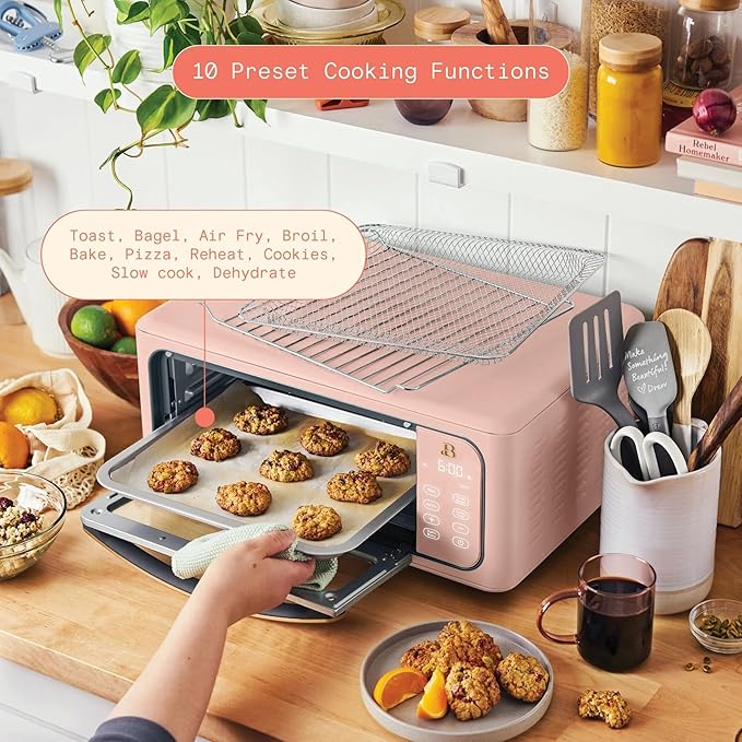 Beautiful Infrared Air Fryer Toaster Oven Combo - 10-in-1 Countertop Convection Oven with Air Fry, Bake, Pizza, Toast & Dehydrate Functions - 1800W Stainless Steel Kitchen Appliance (Rose)