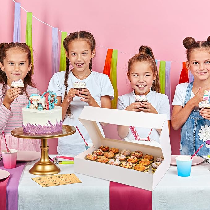 Fuutreo 10 Pack White Cupcake Boxes with Window 21 x 13 x 4 Inches 24 Count Auto Pop up Large Cookie Boxes Cupcake Containers with Thank You Label Stickers for Muffins Pastries Donuts Cookies