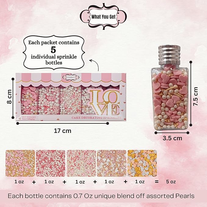 Confect Pink, Silver, Gold & White Pearl Sprinkles Mix – Edible Baking Decorations for Cakes, Cupcakes, Cookies – Valentine’s & Celebration Sprinkle Set – Pack of 5 - Vegan, Gluten-Free, Nut-Free, Soy-Free, Dairy-Free, Palm Oil-Free -5 Oz