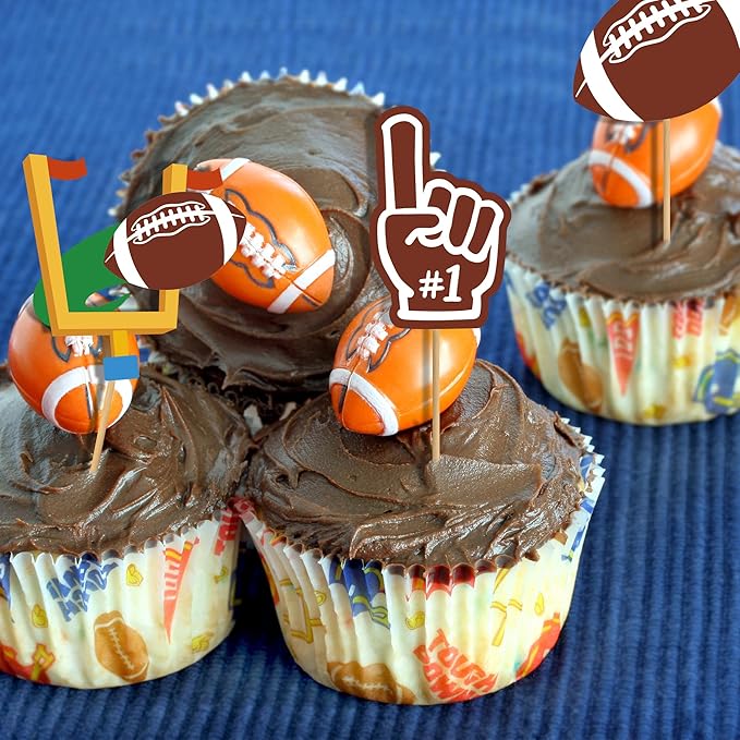 24 Pcs Football Cupcake Toppers, Disposable Foot Ball Themed Toothpicks, Touchdown Players Flagship Cake Toppers, Football Party Decorations for Sports Theme Baby Shower Birthday Party Supplies
