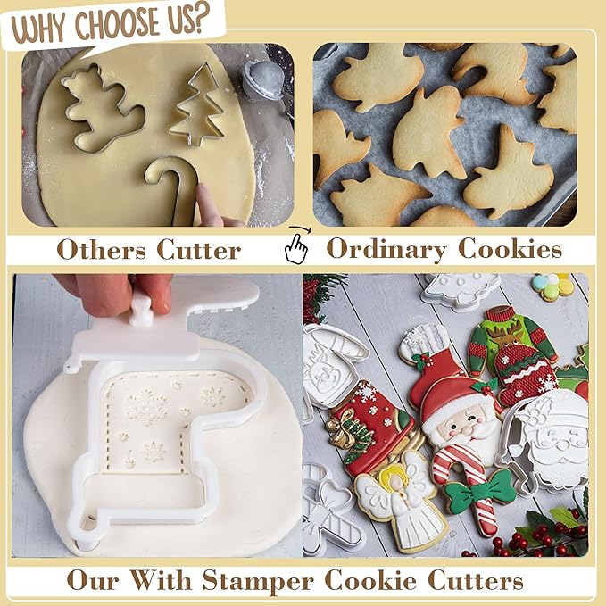 Flycalf Christmas Cookie Cutters Santa Claus Shapes with Plunger Stamps Holiday PLA Baking Accessories Cutter Molds Gifts Decorative Party 3.5" Kitchen Cake Supplies