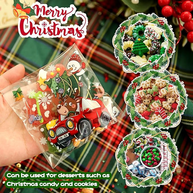Christmas Cellophane Bags Biscuit Roasting Treat Bags Individual Wrappers Self Adhesive OPP Cookie Bakery Present Gift DIY Candy Decorating Favor Bags (4x4 Inch, 200Pcs)