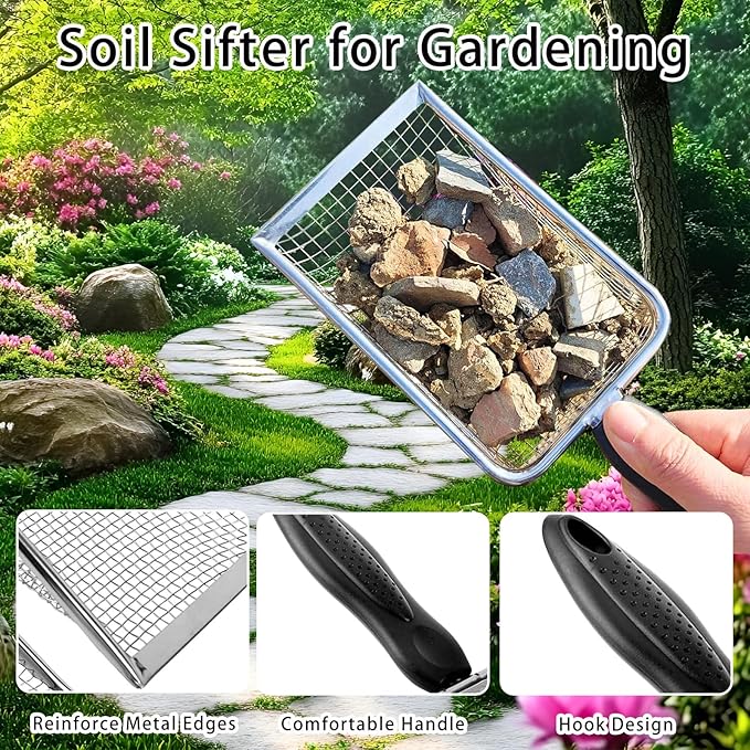 3 PCS Soil Sifter for Gardening, Garden Sand Compost Sieves with Handle for Sand, Rocks, Dirt, Compost Stainless Steel Sand Soil(0.2/0.15/0.11 in Mesh)