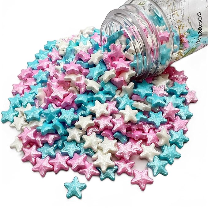 SE Si&Moos Large Blue White and Pink Star Sprinkles Edible Stars for Cake Decorating Star Cake Decorations Blue and Pink Sprinkles for Cakes, Cupcakes, Desserts Toppings Wedding Shower Party Christmas Holiday Supplies 3 OZ