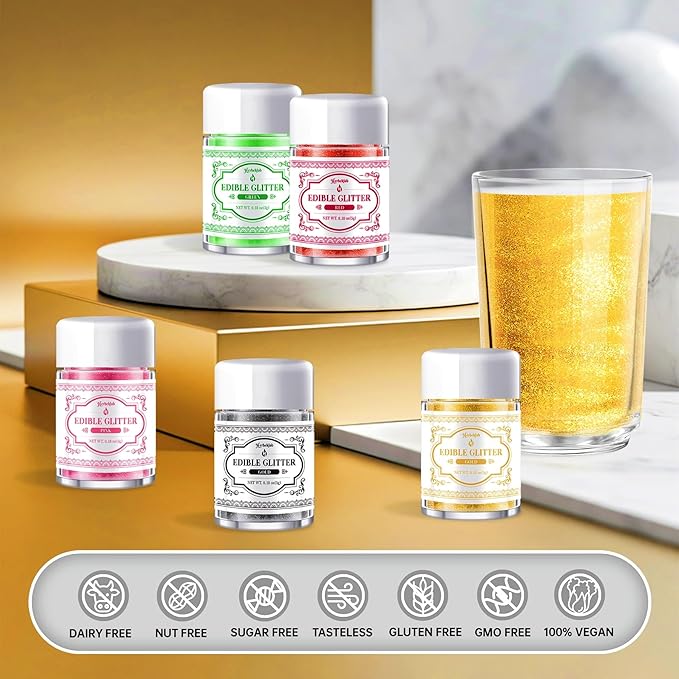 Edible Glitter for Drinks – 5 Colors Luster Dust, Food Grade Cocktail Shimmer Powder for Cakes, Beverages, Chocolate & Candy, 5g/Bottle