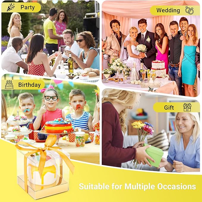 EUSOAR Individual Cupcake Wrappers, 24pcs 3.5 Inch Plastic Gold Cupcake Carrier with Ribbon and Inserts, Single Transparent Cupcake Holder Cake Containers with Lids for Wedding Birthday Party Favor