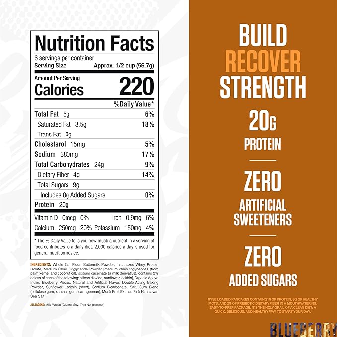 RYSE Loaded Protein Pancake & Waffle Mix - Blueberry - Naturally Sweetened Breakfast with 21g Protein, 3g MCTs and 2g Fiber - No Added Sugar - High Protein Snack for Clean Energy - 6 Servings