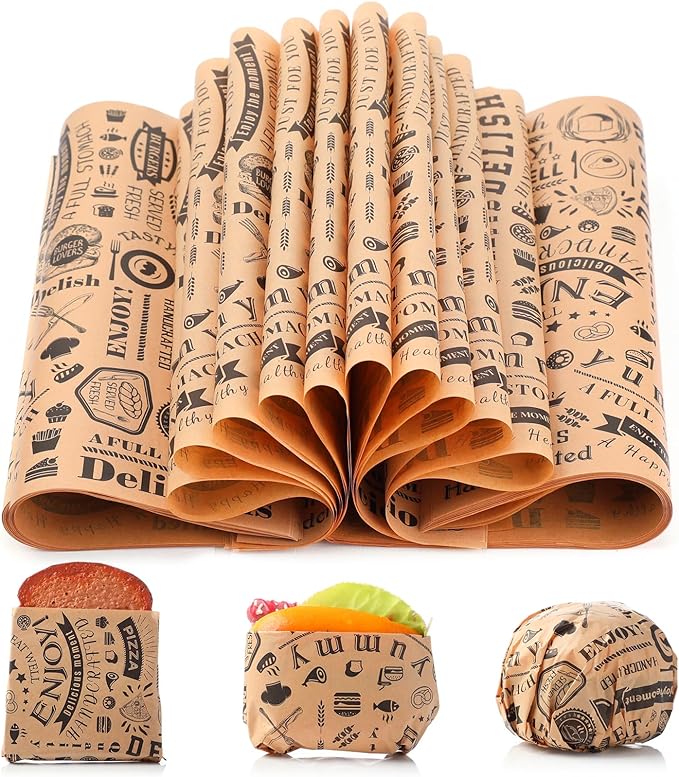 Outus 900 Pcs 10 x 10 Inch Deli Wax Paper Sheets Grease Resistant Tray Basket Liners Newsprint Paper Water and Grease Proof Sandwich Wrapping Square Hot Dog Wrappers for Food Baking (Brown)