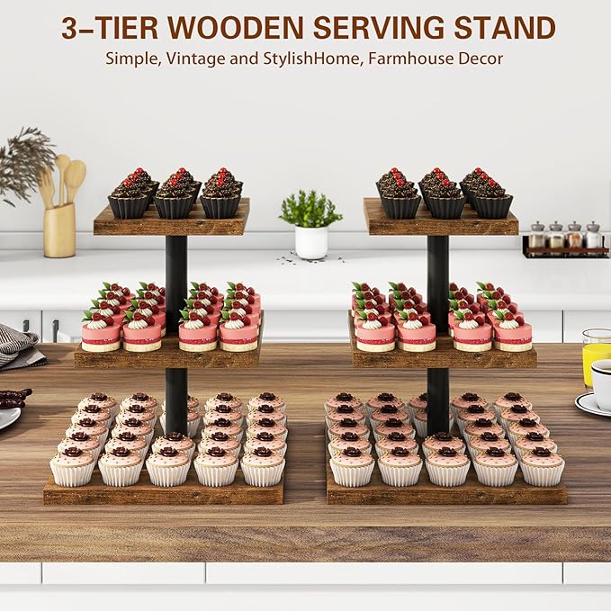 IBUYKE 3 Tier Cupcake Stand,Set of 2,Cupcake Tower,Square Serving Dessert Display Stand,Cupcake Tray Stand,Dessert Tree Tower for Christmas Birthday,Home Party, Wedding,Rustic Brown UTLJ014H-2