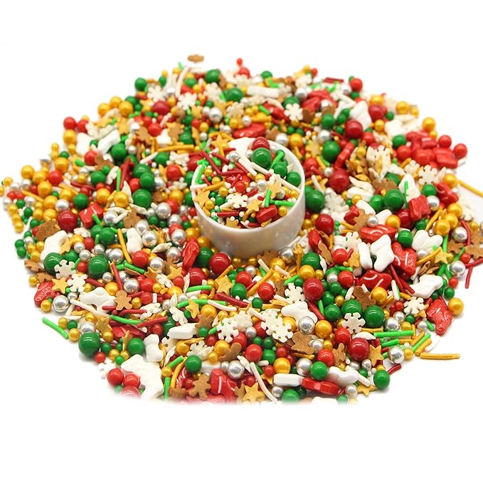 Christmastime Treasures - 12 Oz Resealable Bag - Christmas Themed Sprinkle Mix - Features Snowflake Quins, Santa Boot Quins, Red, Silver, and Green Pearls and More - Ice Cream and Cake Sprinkles