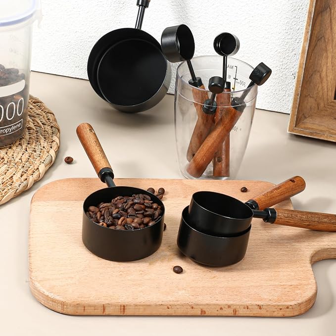 SHENLIU 8 Pcs Measuring Cups and Spoons Set, Black Stainless Steel Measuring Cups with Wooden Handle, Metal Measurings Spoons Set Nesting Kitchen Measure for Kitchen Baking