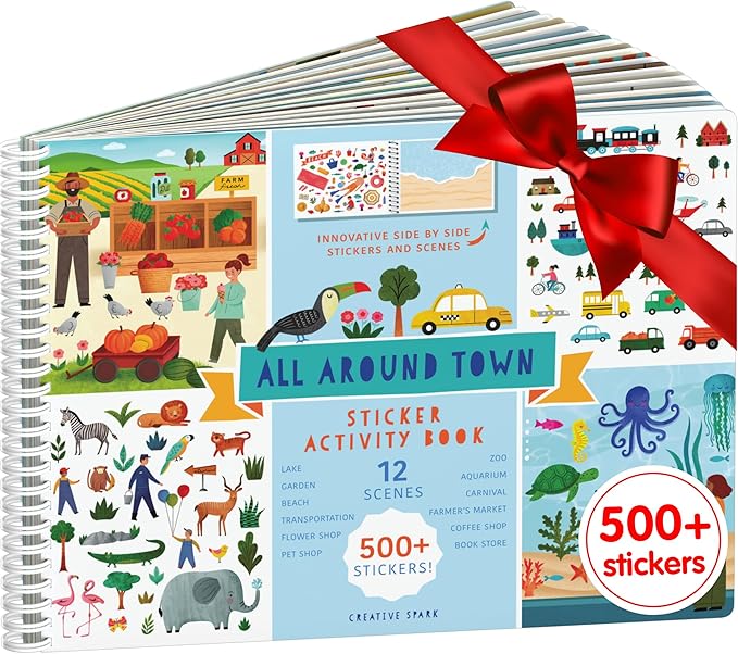 CUPKIN Sticker Book for Kids 2-4, 500+ Kids Stickers, All Around Town 12 Coloring Pages, 12 Side by Side Scenes, Fun Toddler Travel Activity Coloring and Sticker Books for Ages 4-8 + 8-10