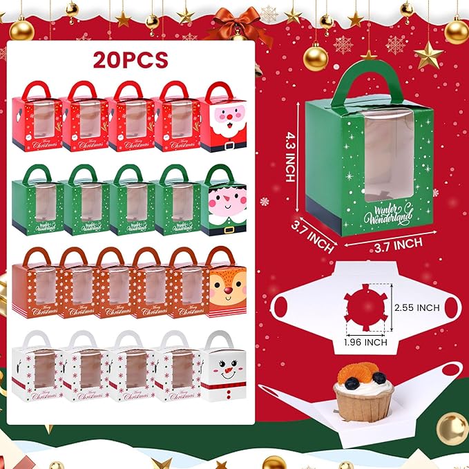 20PCS Colorful Christmas Cupcake Boxes, Cookie Boxes with Window for Party Favors Pastries Donuts Family Friends 3.7"x 3.7"x 4.3"