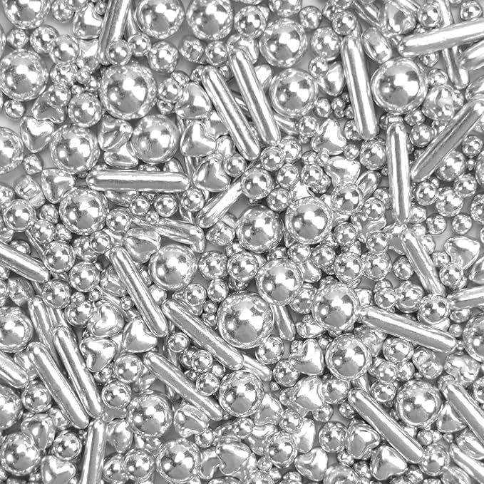 Edible Silver Pearl Heart Rods Sprinkles, Mix Size, Silver Pearl Sprinkles for cupcake decorating, Cupcake Toppers Cake Decorations, 130g/4.58oz