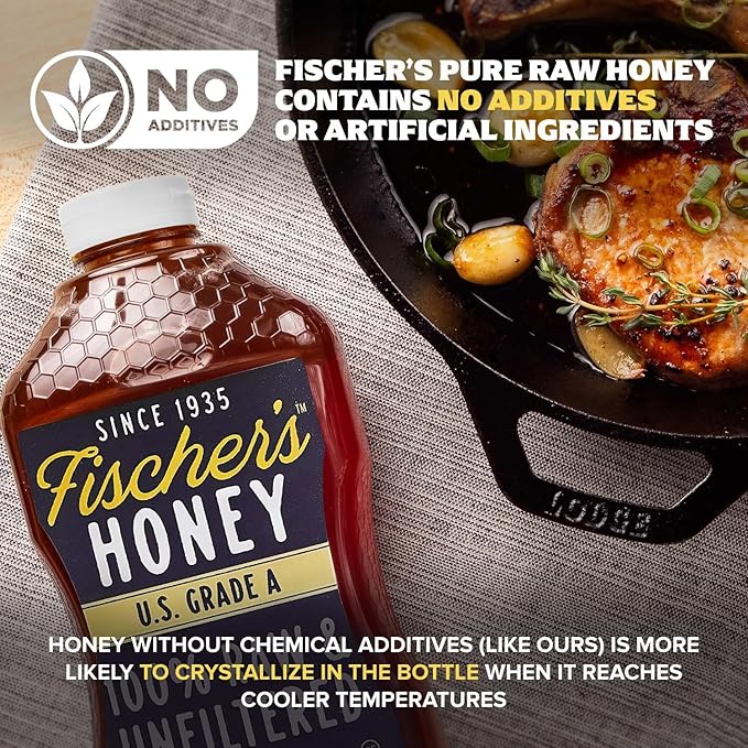 Fischer's 100% Pure, Raw & Unfiltered Honey – USA Made Honey, 24 oz – All-Natural Sweetener – Rich Flavor Profile, Packed with Nutrients