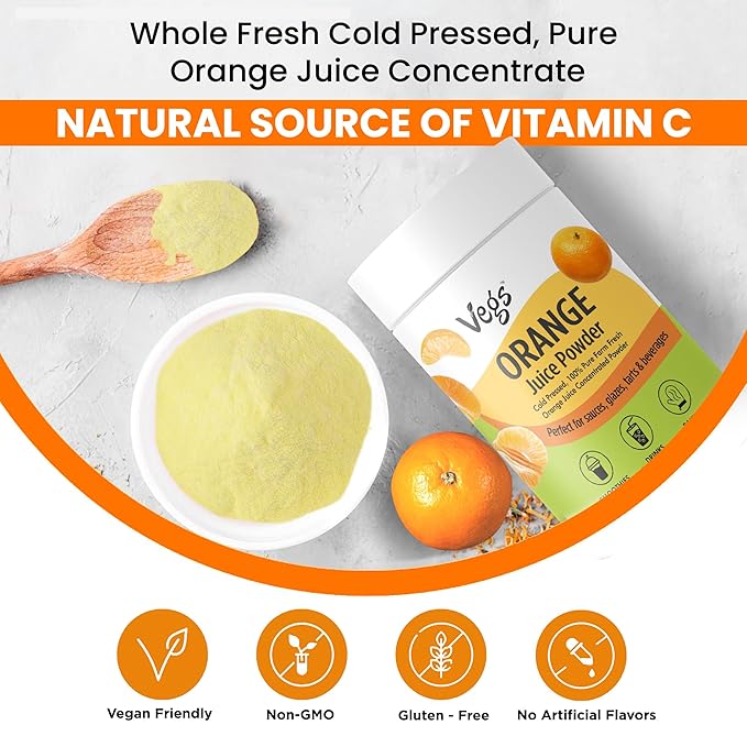 Vegs Orange Fruit Juice Powder - Freeze Dried & 100% Natural Orange Juice Concentrate - Flavoring Powder for Drinks, Smoothies & Baking - Sugar-Free, No Preservatives, Non-Gmo - 6 oz