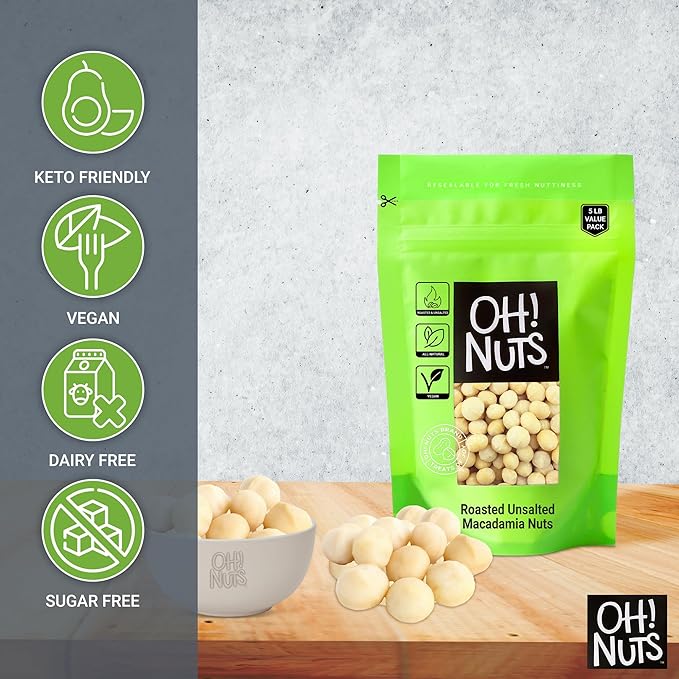 Oh! Nuts Macadamia Nuts - 5 lb - Dry Roasted Unsalted Macadamia Nuts - Oven Roasted - No Oil - Packed in New York Zip-Seal Bag for Exceptional Freshness