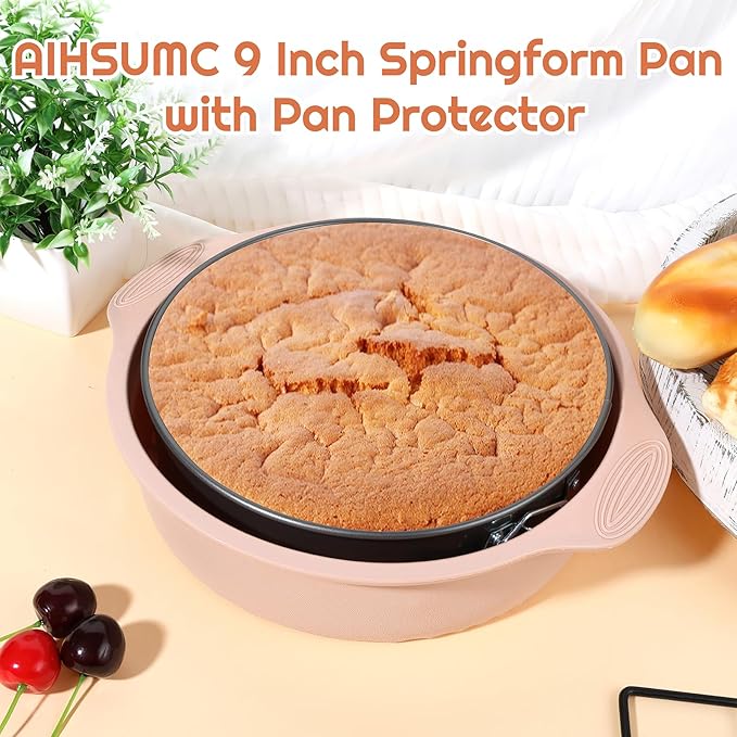 9 Inch Springform Pan with Pan Protector, Non-stick Leakproof Springform Cake Pan with Removable Bottom, Silicone Cheesecake Pan Protector Preventing Water from Entering the Springform Pan