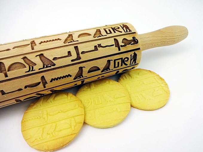 Embossing Rolling Pin EGYPT HIEROGLYPHS. Engraved Wooden Embossed Dough Roller for Embossed Cookies or Clay by Algis Crafts
