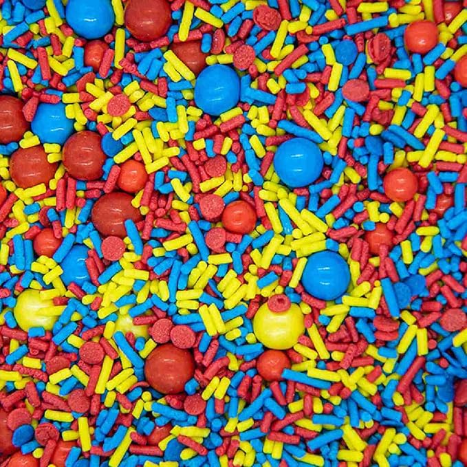 Toy Box Hero Story Sprinkles for Cake Cookie Cupcake Decorating and Baking Fancy Edible Cake Sprinkles and Toppings in Blue Jimmies Yellow Red Chocolate Ball and Sugar Pearl Sprinkles for Donuts