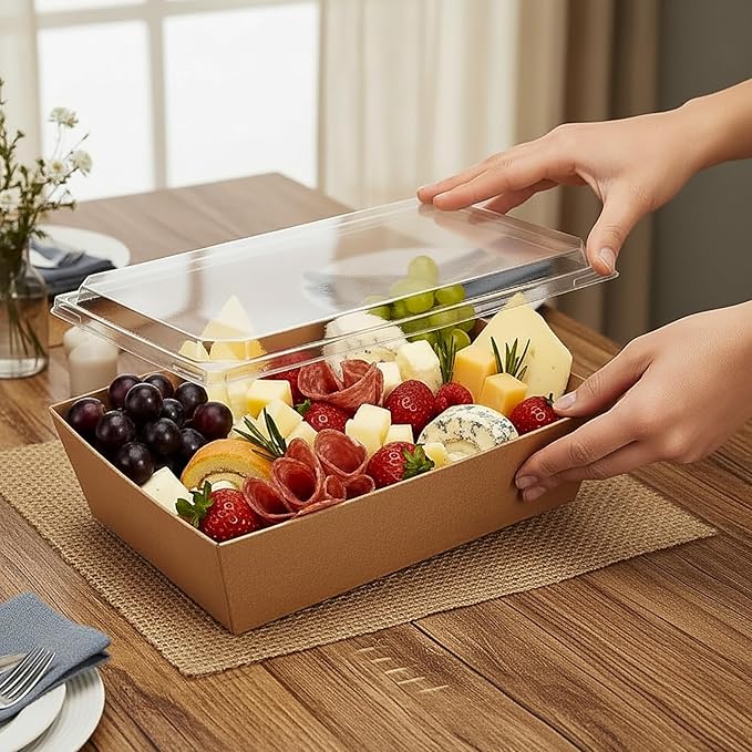 Hiceeden 50 Pack Charcuterie Boxes with Clear Lids, 8.4"×5.7"×2.8" Paper Bakery Dessert Sandwich Box, Disposable Large Food Containers for Cookies, Donuts, Muffins, Salad, and Pastry, Brown