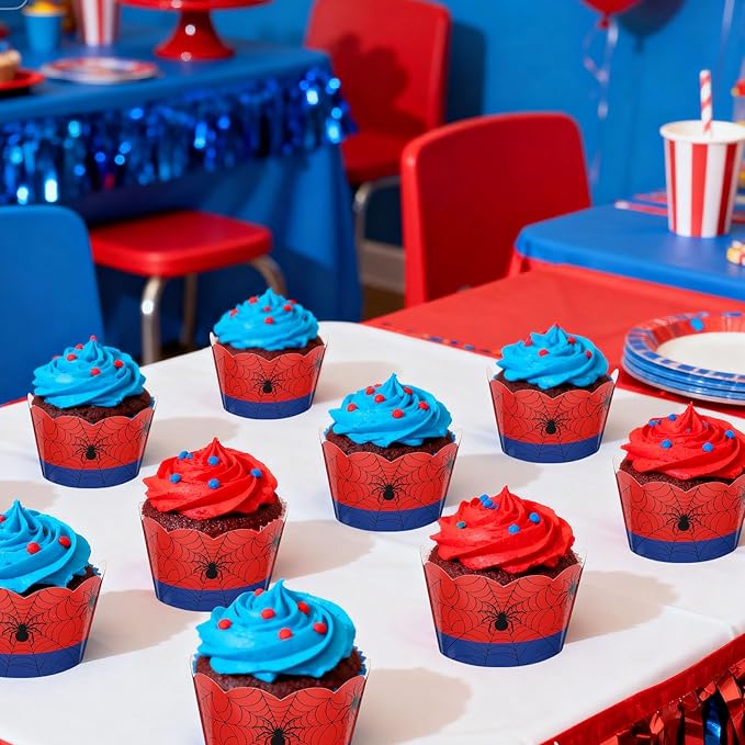 36pcs Spider Cupcake Wrappers, Spider Web Theme Cupcake Liners Paper Cups for Baking Muffin Cakes Ice Cream Dessert Decor Birthday Wedding Supplies (Red, Blue)