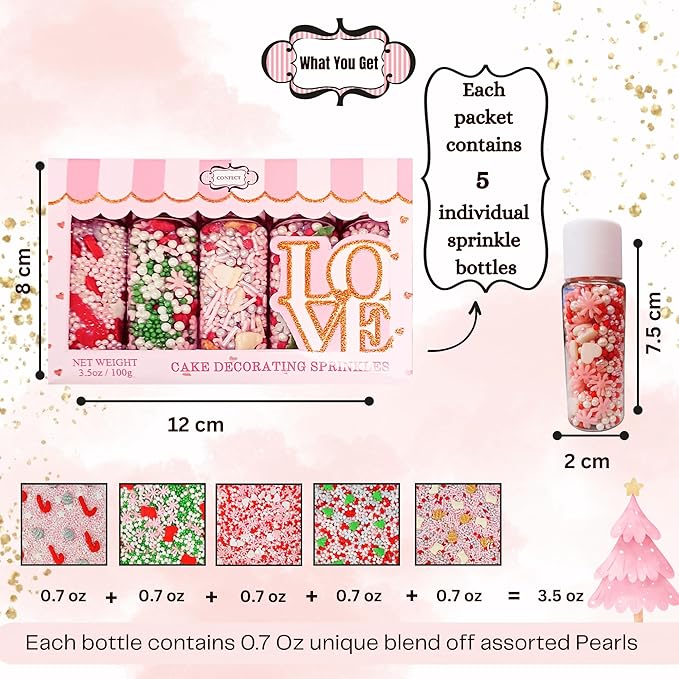 Confect Christmas Sprinkles | Christmas Sprinkles - Green White Silver Pink Pearls Sparkling sugar I Christmas Tree Stocking & Candy Canes for Dessert Decorating- 5 Oz