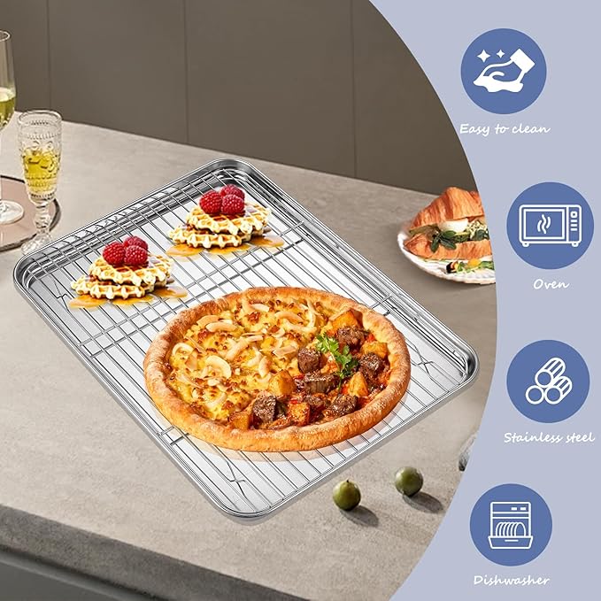 Baking Sheet with Rack Set (3 Pans + 3 Racks), Stainless Steel Baking Pan Cookie Sheet with Cooling Rack, Heavy Duty & Easy Clean，Stainless steel commercial baking tray