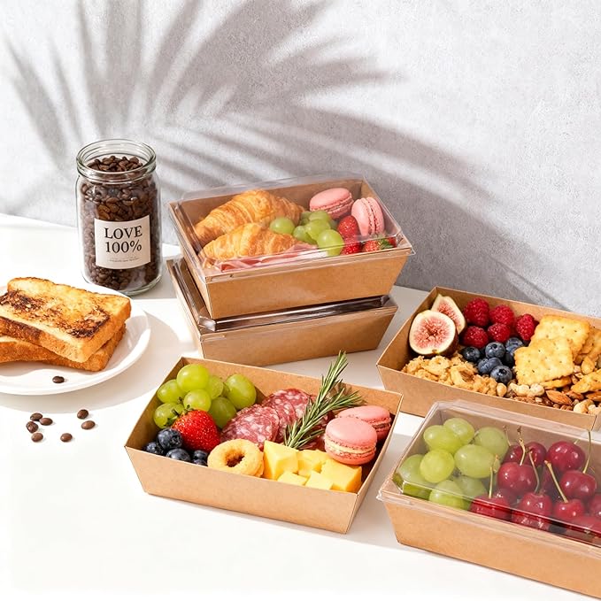 Hiceeden 50 Pack Charcuterie Boxes with Clear Lids, 8.4"×5.7"×2.8" Paper Bakery Dessert Sandwich Box, Disposable Large Food Containers for Cookies, Donuts, Muffins, Salad, and Pastry, Brown