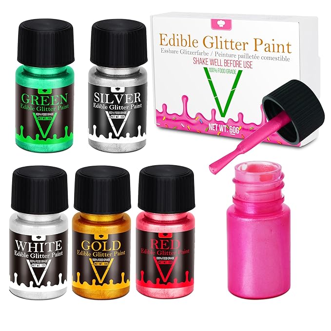Edible Glitter Paint - 6 Colors Food Grade Edible Paint for Cake, Chocolate, Cupcakes, Cocktail, Shimmer Decorative Paint Liquid Food Coloring for Halloween Candy, Drinks, Baking, 6x10g
