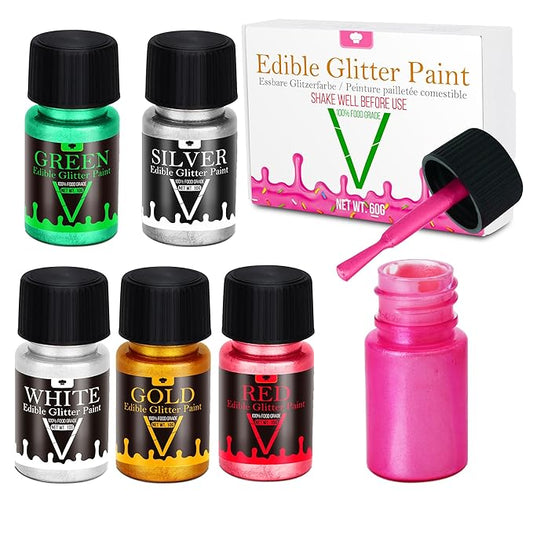 Edible Glitter Paint - 6 Colors Food Grade Edible Paint for Cake, Chocolate, Cupcakes, Cocktail, Shimmer Decorative Paint Liquid Food Coloring for Halloween Candy, Drinks, Baking, 6x10g