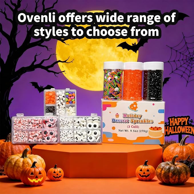 Cake Sprinkles Set for Halloween with Mix Bulk Sprinkles Orange Black Sugar Sanding and Candy Eyes for Baking Decorations, Cupcakes, Cookies - Spooky Party Supplies 3 Bottles (9.5oz)