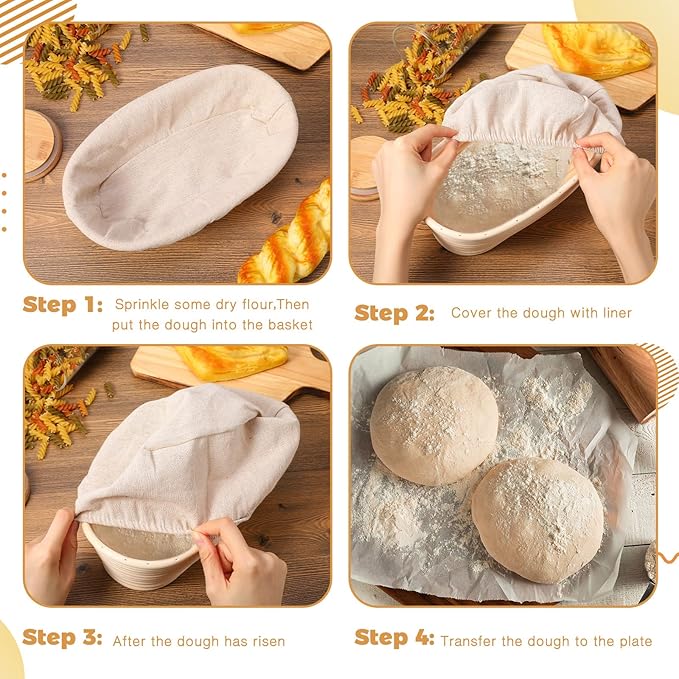 4 Pieces 10 Inch Bread Banneton Proofing Basket Oval Shape Bread Proofing Basket Rattan Oval Banneton Dough Proofing Bowls with Liners and Scatters for Home Sourdough Baking