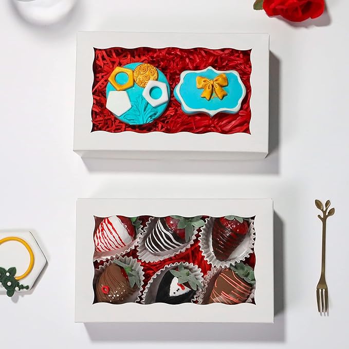 RomanticBaking 8x5x2 Inch 21PCS Cookies Boxes Chocolate Covered Strawberries Boxes Bakery Boxes with Window for Cakesickle Chocolate Truffle Pretzel & Party favors Packing