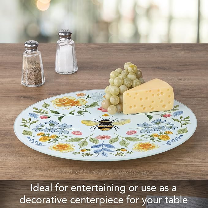 CounterArt Floral Bee 4mm Tempered Glass Lazy Susan Turntable 13" Diameter Condiment Caddy Cake Plate Pizza Server