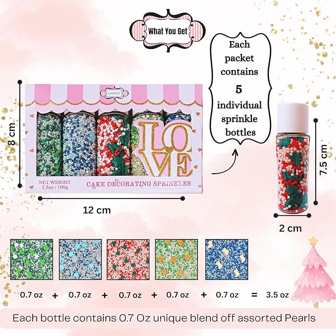 Confect Christmas Sprinkles | Christmas Sprinkles - Green White Silver Blue Red Sparkling Sugar I Christmas Tree Stocking & Snowflakes for Dessert Decorating- 5 Oz