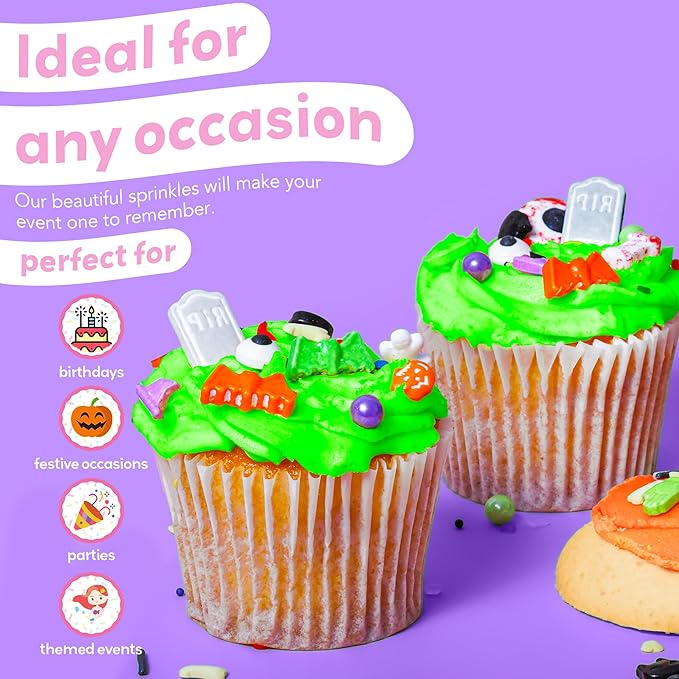 Spooky Halloween Sprinkles for Cake Decorating - Our Spooky Sprinkle Mix Includes Witch Hats, Cats, Bats, Ghosts, Eyes, Bones & Pumpkins - Halloween Decorations for Cupcakes (Haunted Fun, 3.5oz)