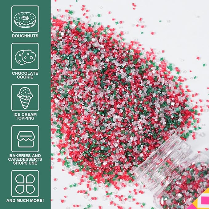 Christmas Sanding Sugar 5.3 ounces Edible Pastel Sprinkle Red Green and White Sparkling Sugar Mix, Perfect for Cake Decorations, Baking, Ice Cream, Cookies, Cupcake Topper