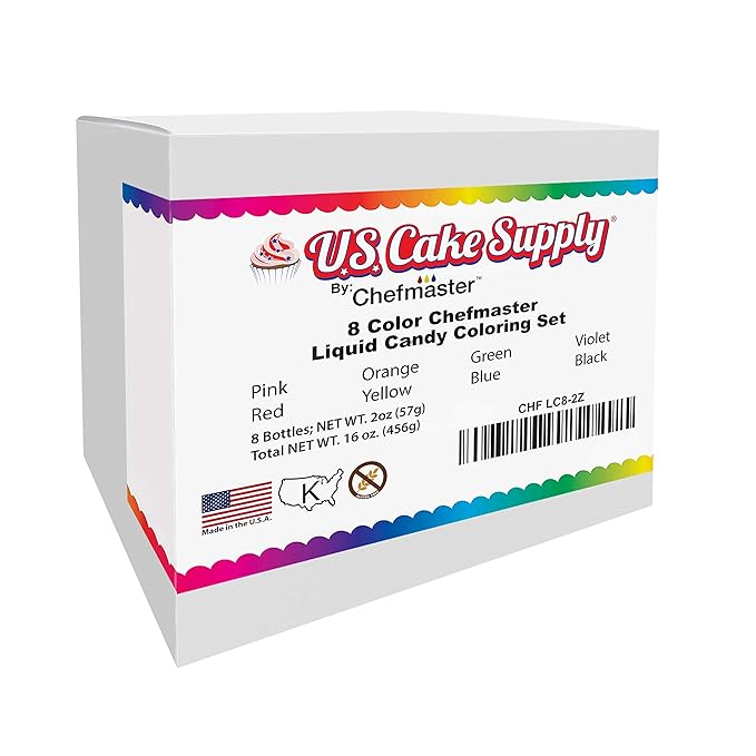 U.S. Cake Supply Large 2-ounce Bottles of each Liquid Candy Food Color 8 Bottle Kit with Mixing Wheel for Chocolate and Candy Coloring