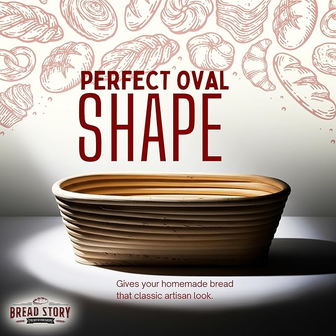 (10x6 inch) Oval Proofing Basket Set by Bread Story Oval Brotform Handmade Unbleached Natural Cane Bread Baking Kit with Cloth Liner Bread Baking e-book Course