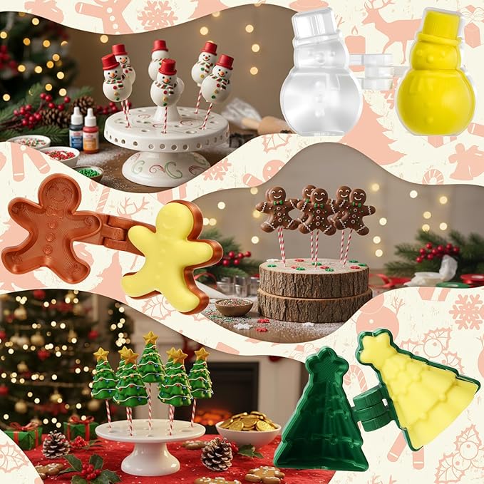 3 Pcs Christmas Cake Pop Mold Shapes Press Set, Christmas Tree & Snowman & Gingerbread Man Mold, Cake Pop Cutter and Pusher, Baking Tools Accessories for Christmastide Xmas
