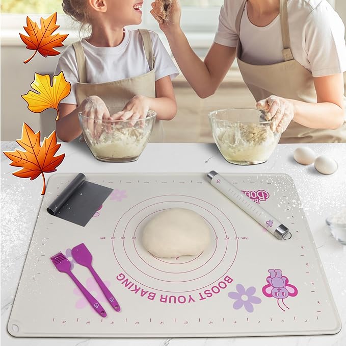 Silicone Baking Mat Set | Extra Large Non-Stick Pastry Mat with Rolling Pin, Dough Cutter, Spatula & Brush | For Cookies, Pie Crust, Pizza, Bread | Easy Clean Baking Kit