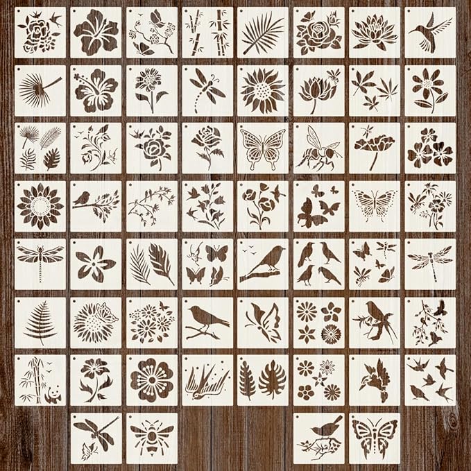 60Pcs Stencils for Painting, 3 Inch Reusable Small Stencil Flower Plant Animal DIY Craft for Rock, Walls, Canvas, Drawing, Art Scrapbook Home Decor.