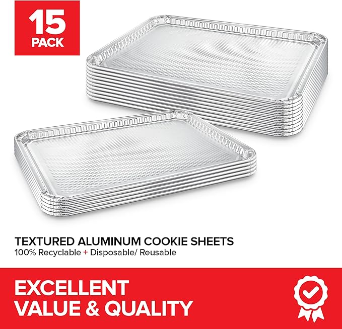 Stock Your Home Aluminum Pans Cookie Sheet Baking Pans (15 Pack) Disposable Foil Trays - Reusable and Durable Nonstick Baking Sheets – Disposable Cookie Pans