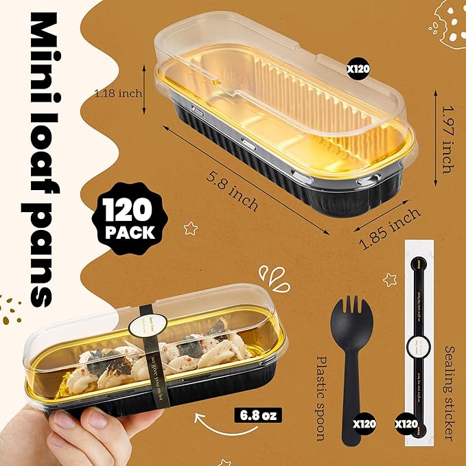 Mini Loaf Pans with Lids and Spoons Rectangular Aluminum Foil Baking Pans Mini Cheesecake Containers 6.8 Oz(120 Pack, Black Gold)