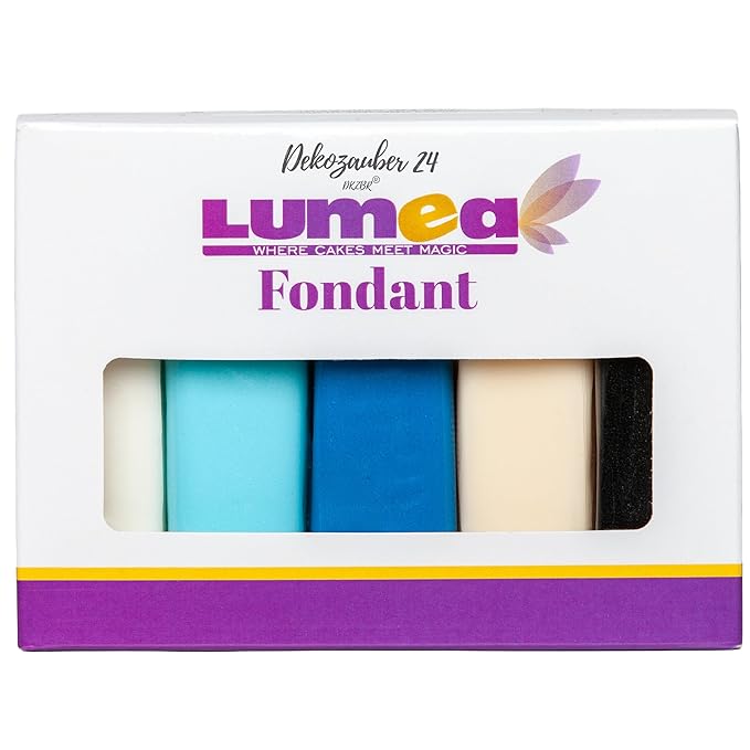 Dekozauber24 Blue Fondant Icing Multipack, 5 Colors, 3.5oz (100g) rolling fondant per color, for decorating cakes and cupcakes in white, light and dark blue, cream and black