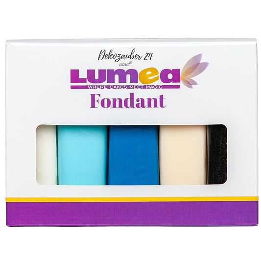 Dekozauber24 Blue Fondant Icing Multipack, 5 Colors, 3.5oz (100g) rolling fondant per color, for decorating cakes and cupcakes in white, light and dark blue, cream and black