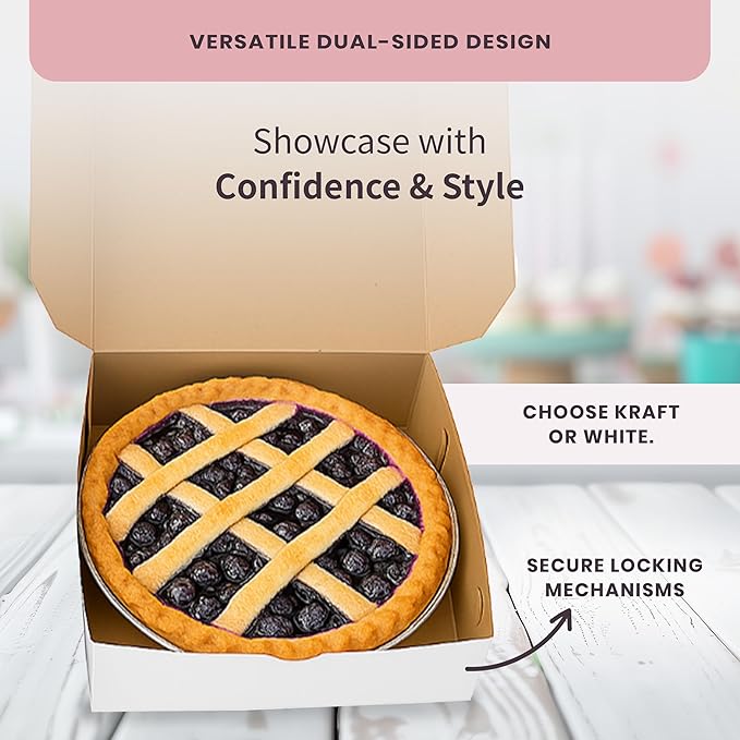 Reversible Bakery Boxes 9 x 9 x 3 in, No Window Lock Corner Pie and Tart Boxes with Front Tuck Lock & Side Clips, Kraft or White Exterior, Microwavable, 100 Pack